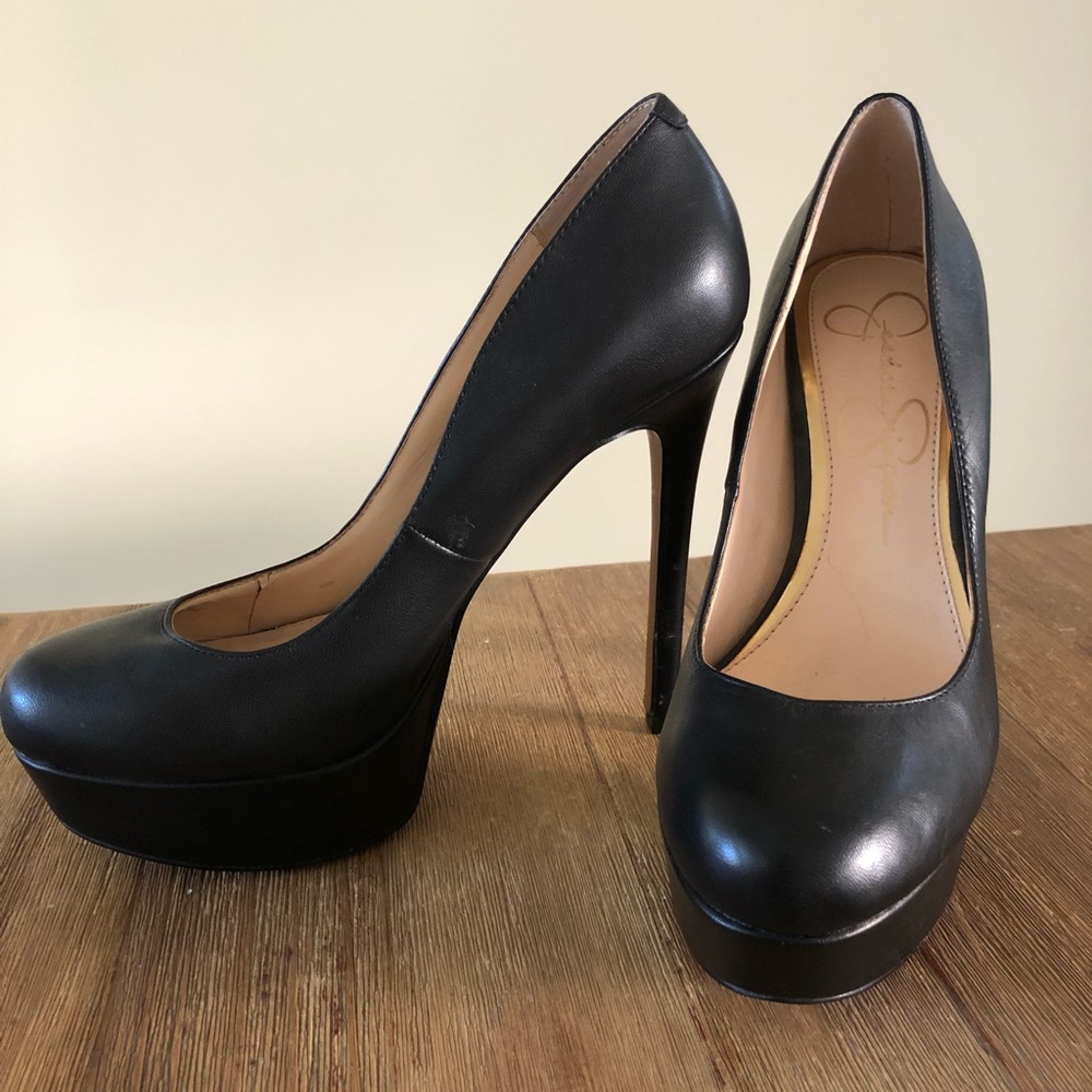 Jessica Simpson black leather platform heels